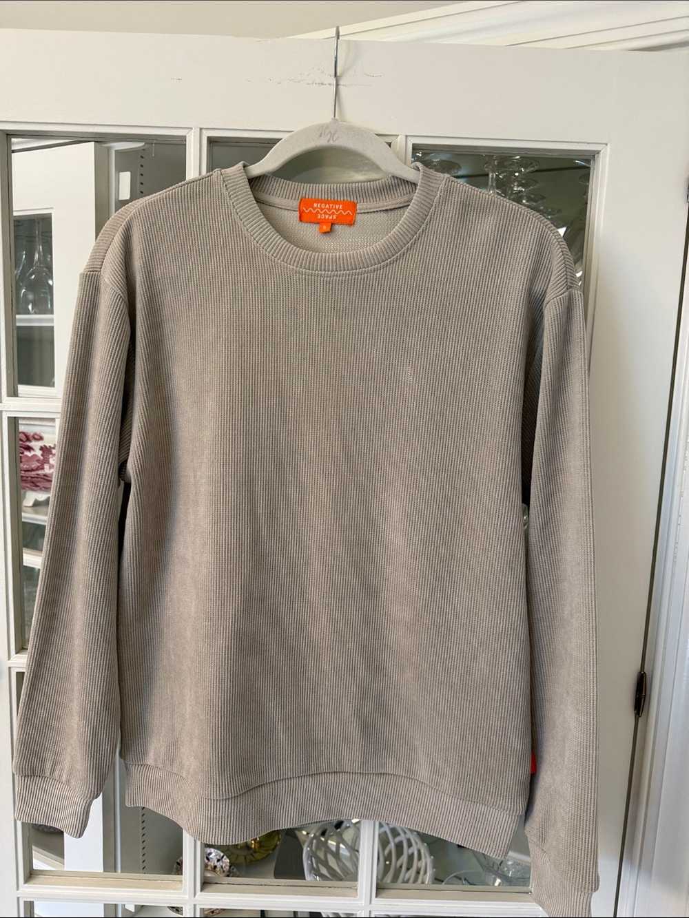 Men's Crewneck Ribbed Sweater in Light Taupe Negative Space